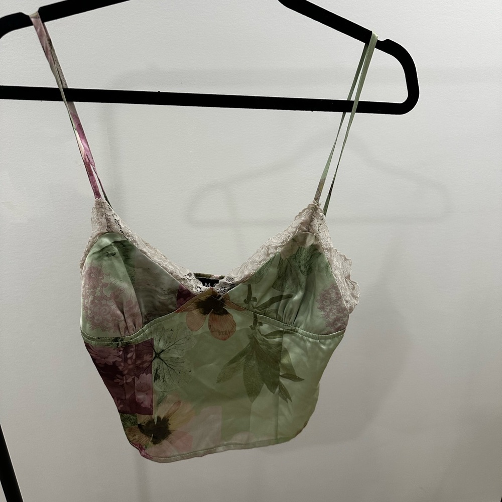 Motel Rocks Floral Satin Lace Trim Cami in Green and Pink
